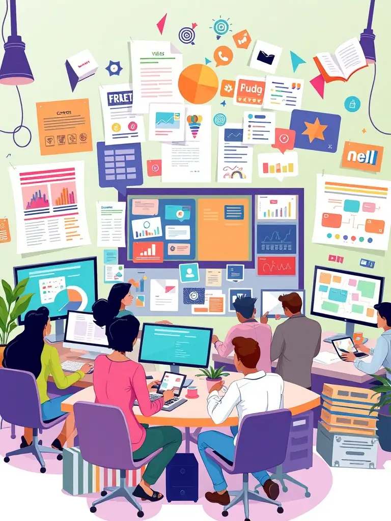 A creative workspace with a team collaborating on content ideas, including blog posts, videos, and infographics, for Xfinity Services' content creation service.