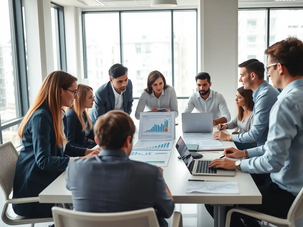 A vibrant image showcasing a team collaborating on a social media marketing strategy, with charts and data visualizations in the background, emphasizing data-driven decision-making.