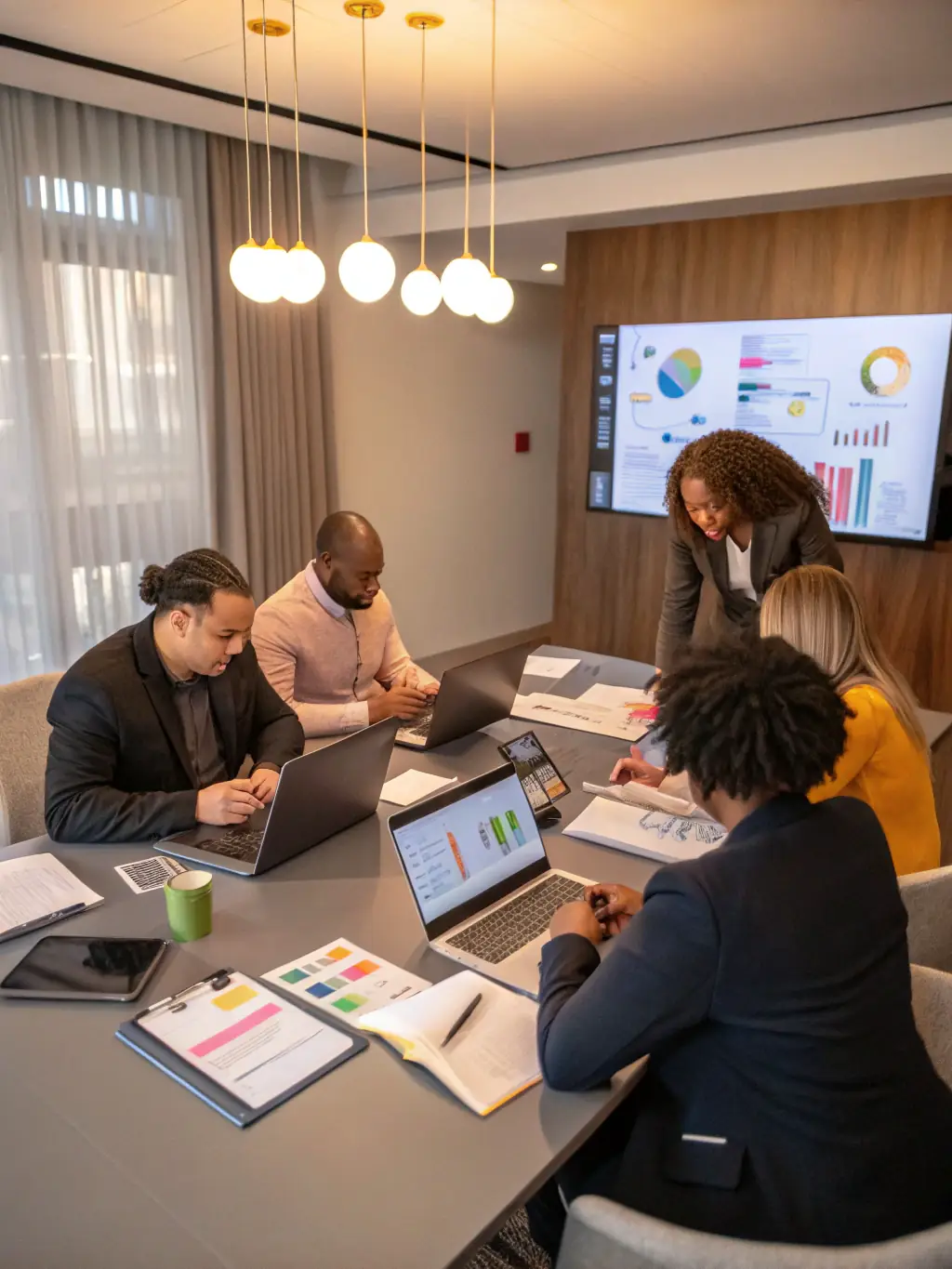 A professional photograph of a team brainstorming social media strategies in a modern office setting, emphasizing collaboration and innovation.