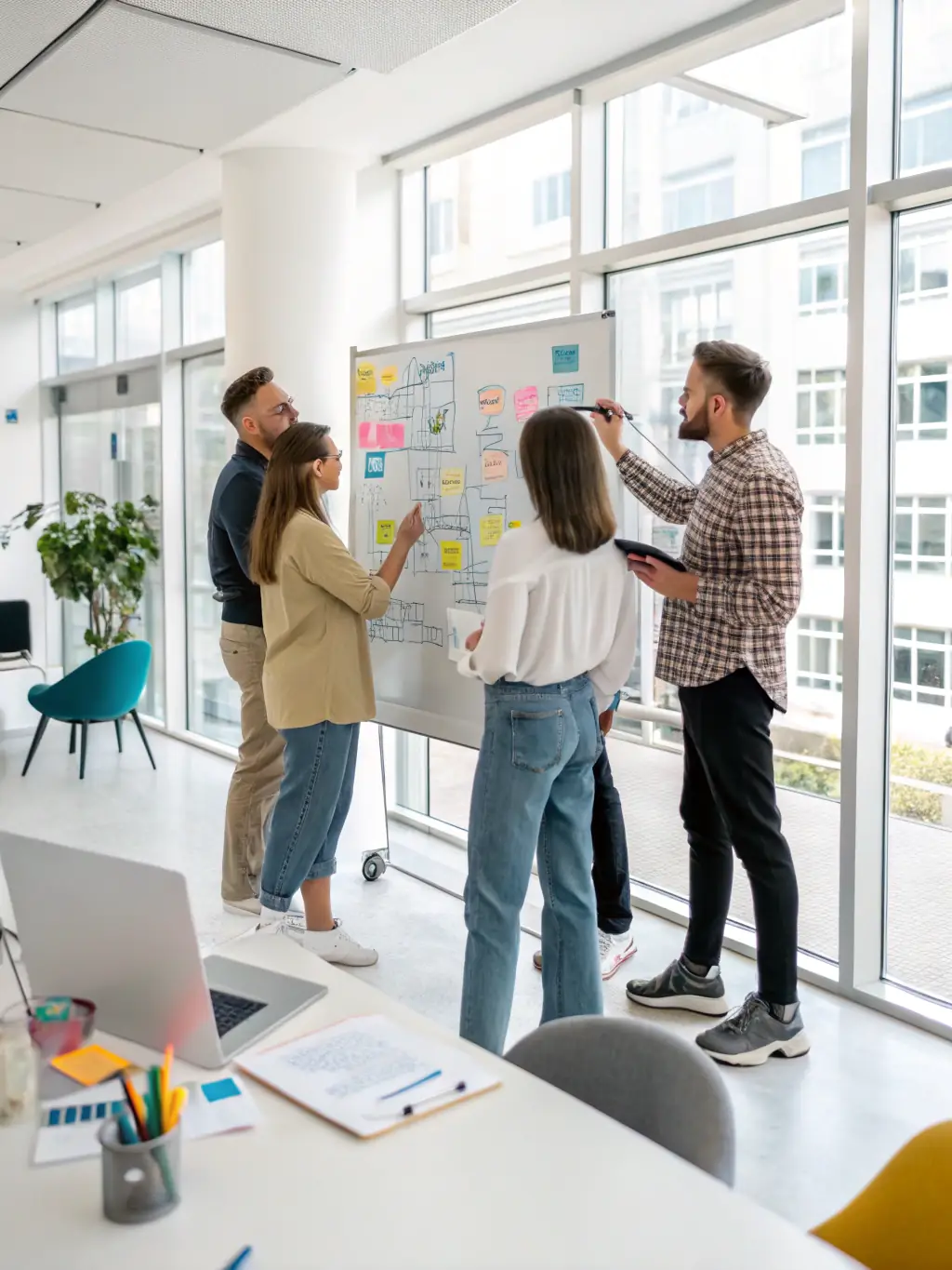 A vibrant image of a team brainstorming social media content ideas in a modern office setting, used to represent Xfinity Services' social media management service.